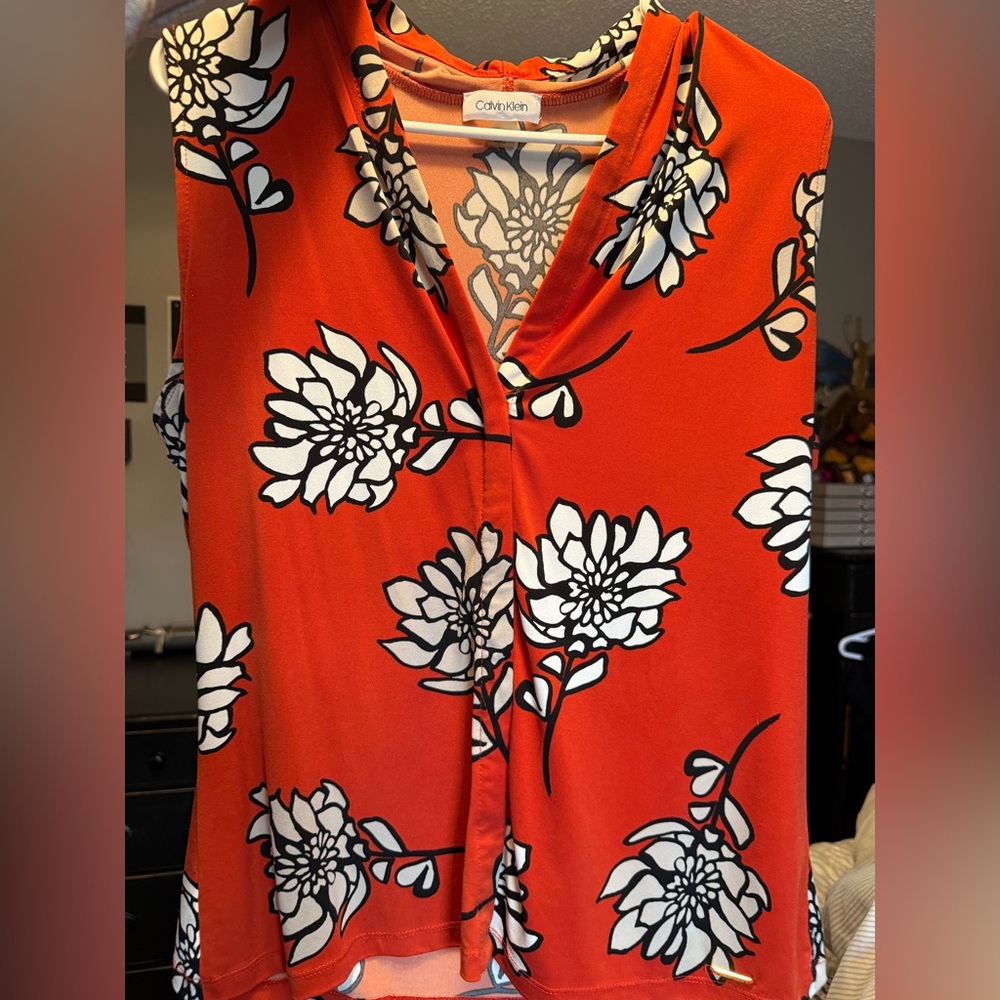 Calvin Klein Orange Floral V-Neck Sleeveless Top